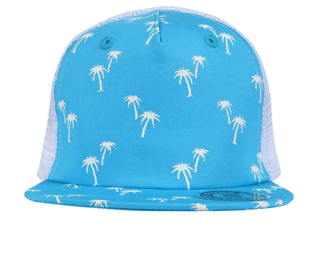 Blue snapback hat with white palm tree pattern, featuring a mesh back for breathability, perfect for kids' outdoor adventures.