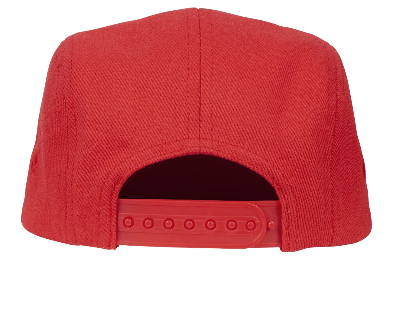 Red snapback hat with a solid design and adjustable plastic strap at the back for a comfortable fit.