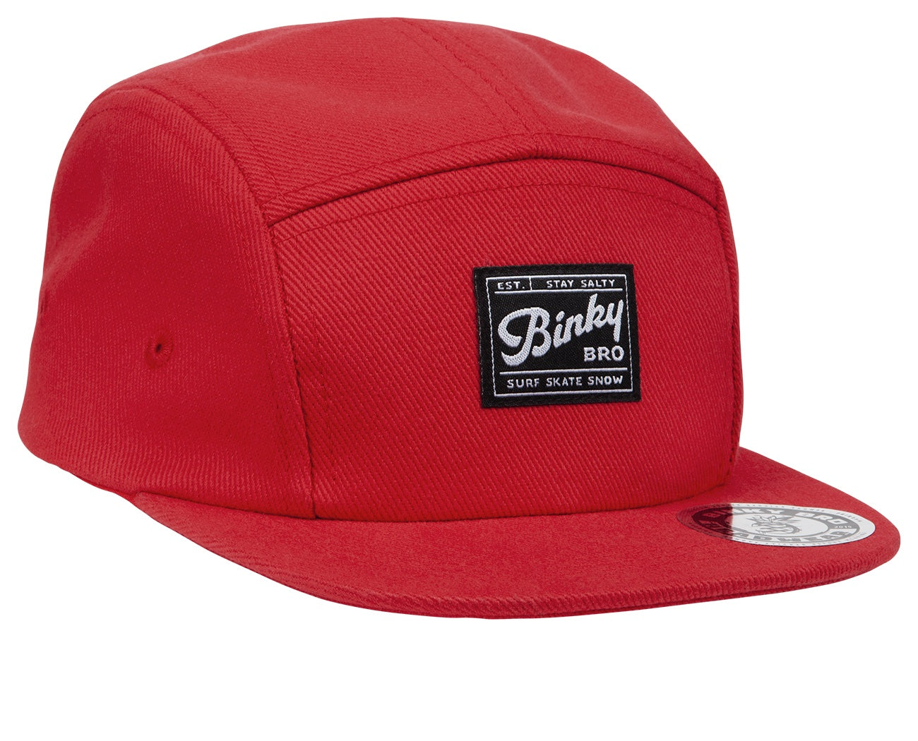 Red snapback hat from BinkyBro featuring a black logo patch, designed for infants and toddlers with a surf-snow-skate style.