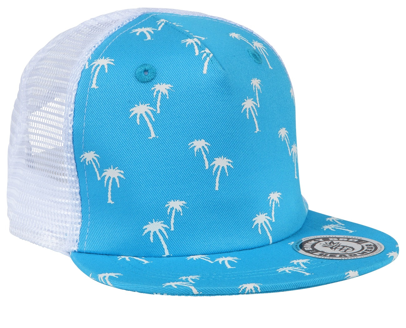 Blue snapback hat featuring a palm tree pattern, designed for a stylish surf-snow-skate look for kids.