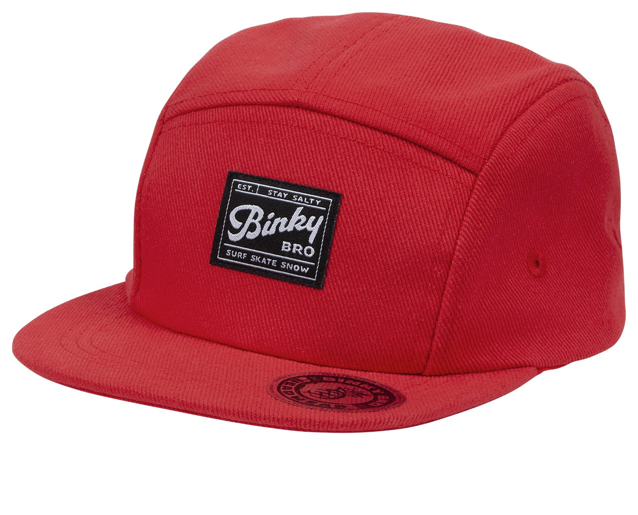Red snapback hat by BinkyBro featuring a logo patch, designed for infants and toddlers with a surf and skate style.