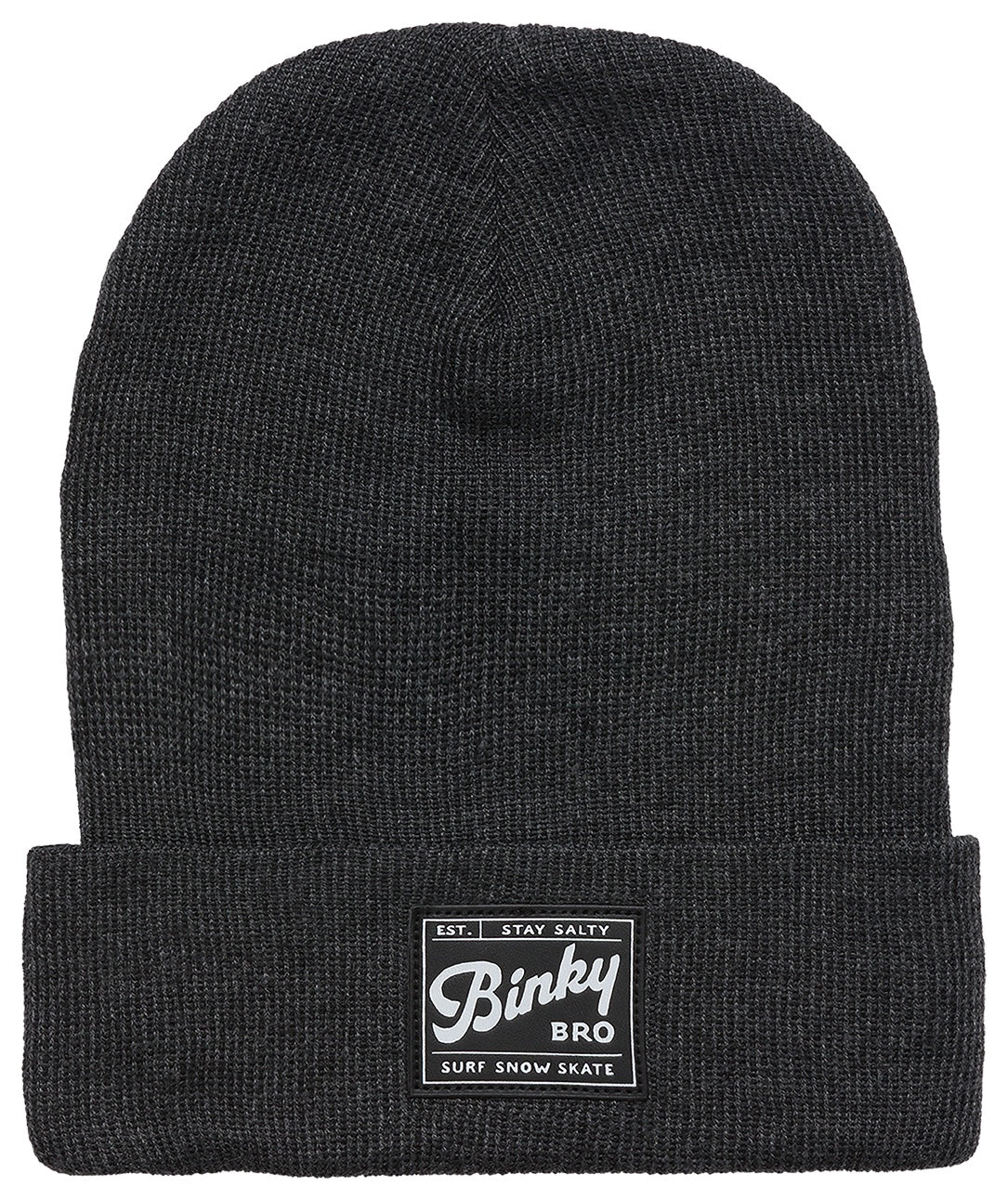 Charcoal beanie from BinkyBro featuring a fold-over cuff and logo patch, perfect for stylish outdoor adventures.