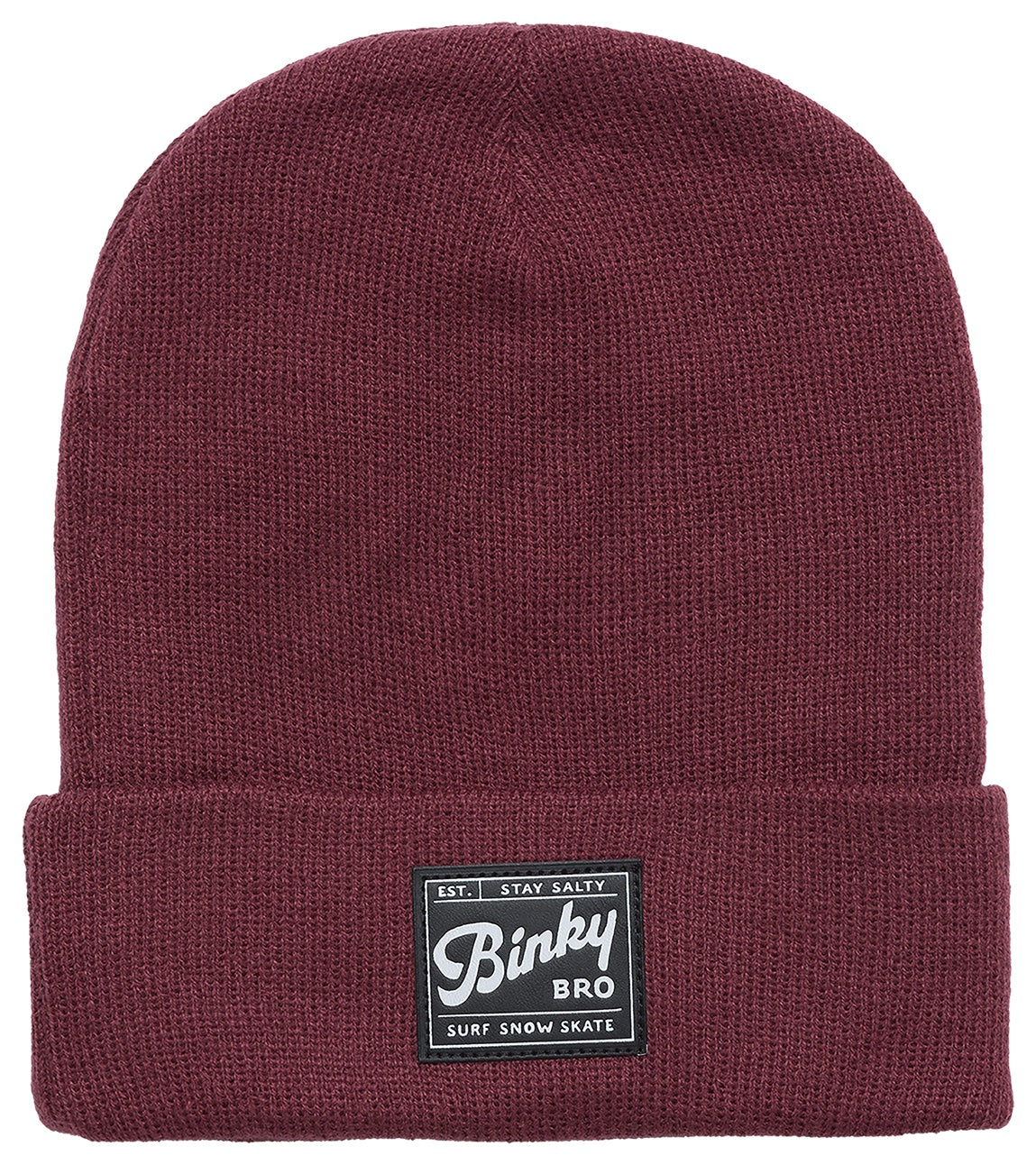 BinkyBro Park City beanie in burgundy featuring a fold-over cuff and a branded patch for a stylish, cozy look.