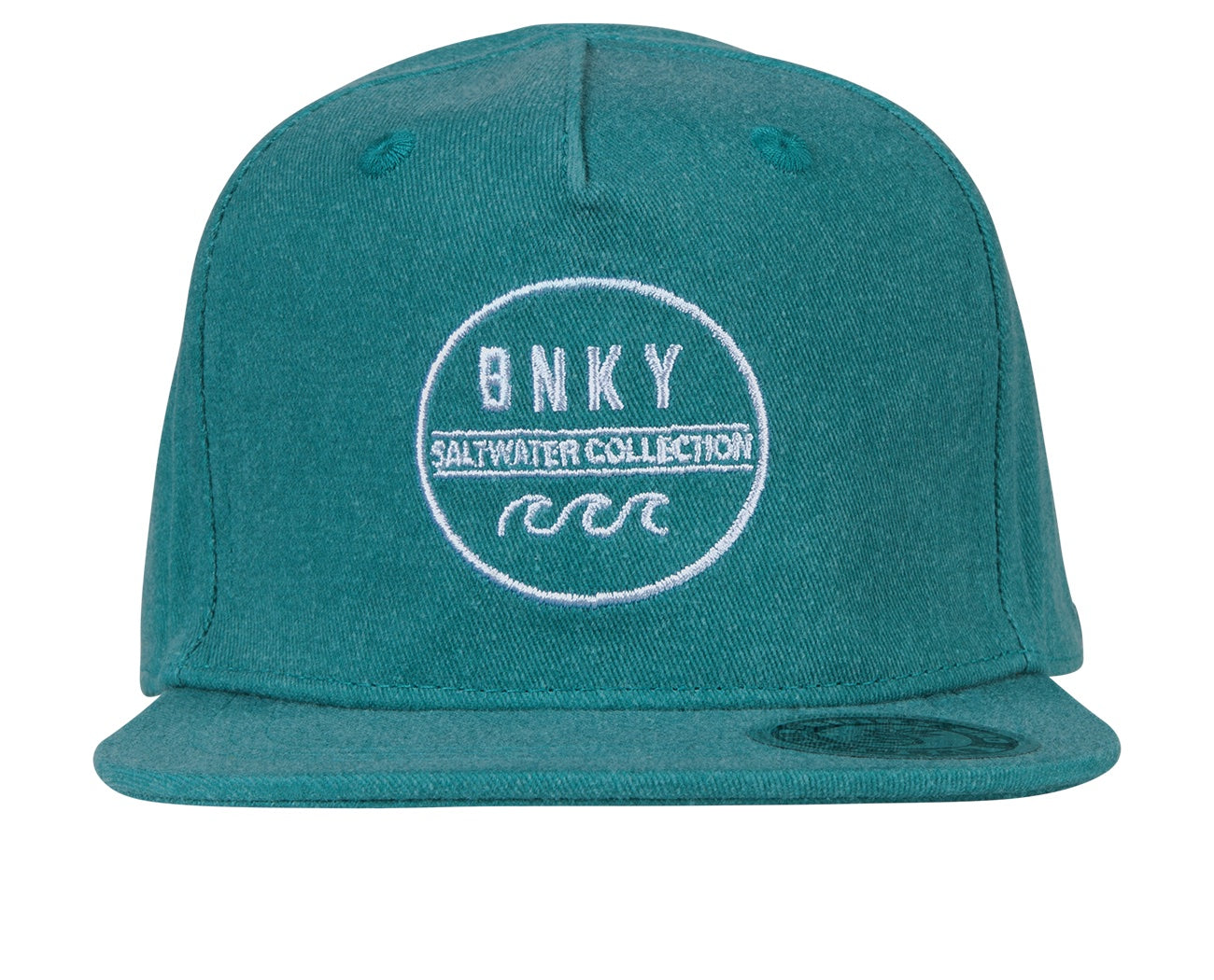 Teal snapback hat from BinkyBro featuring a white embroidered logo for the Saltwater Collection. Ideal for kids.
