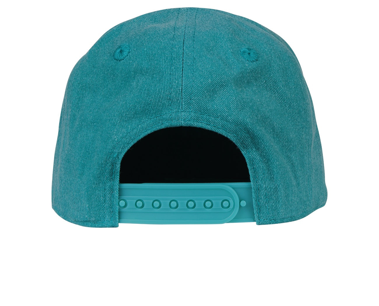 Back view of a teal snapback hat featuring a plastic adjustable strap, designed for stylish comfort for kids.
