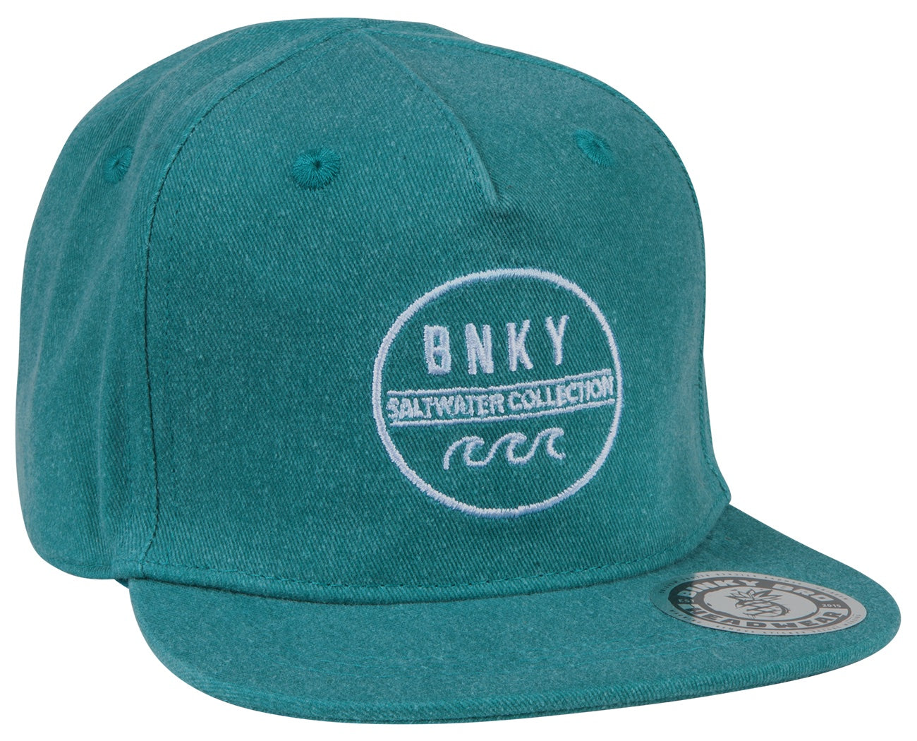 Teal snapback hat from BinkyBro featuring a white embroidered logo for the Saltwater Collection. Perfect for kids.