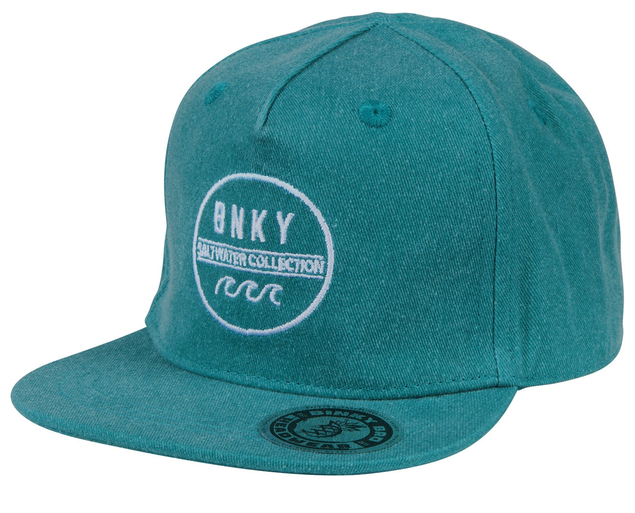 Teal snapback hat from BinkyBro featuring a circular logo with "BNKY" and wave design, perfect for kids' surf and skate style.