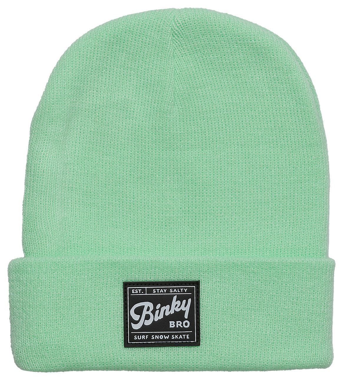 Mint green beanie hat with a folded cuff and Binky Bro logo patch, perfect for stylish infants and toddlers.