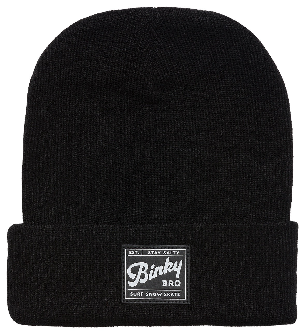 Black beanie hat with a folded cuff and a BinkyBro logo patch, designed for a stylish surf-snow-skate lifestyle.