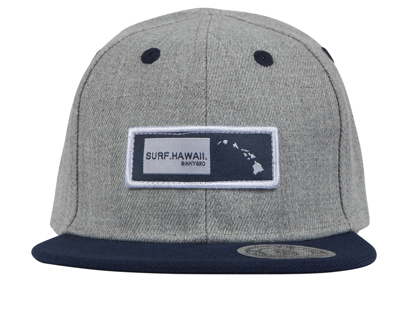 Stylish gray snapback hat featuring a navy brim and embroidered "Surf Hawaii" patch, perfect for kids' surf lifestyle.