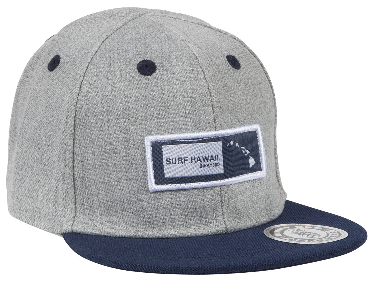 Gray snapback hat with a navy brim, featuring a patch that reads "Surf Hawaii" and a map of the Hawaiian Islands.