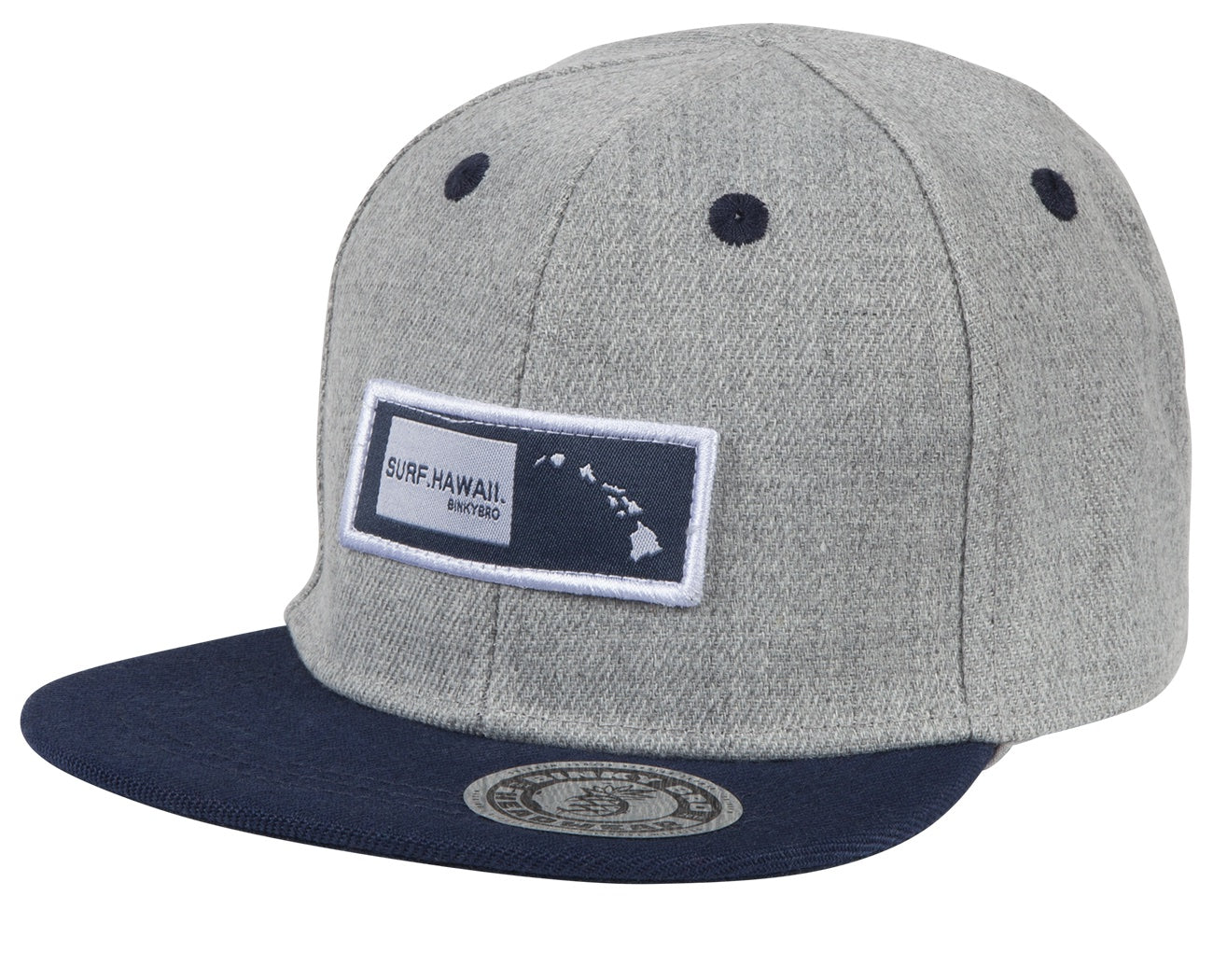 Gray snapback hat with a navy brim and a patch featuring "Surf Hawaii" and a map of Hawaii. Ideal for kids' surf lifestyle.