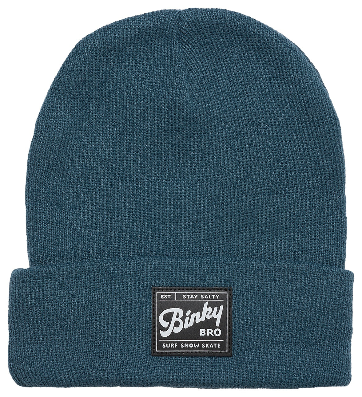 Cozy teal beanie with a fold-over cuff and Binky Bro logo patch, perfect for stylish outdoor adventures.