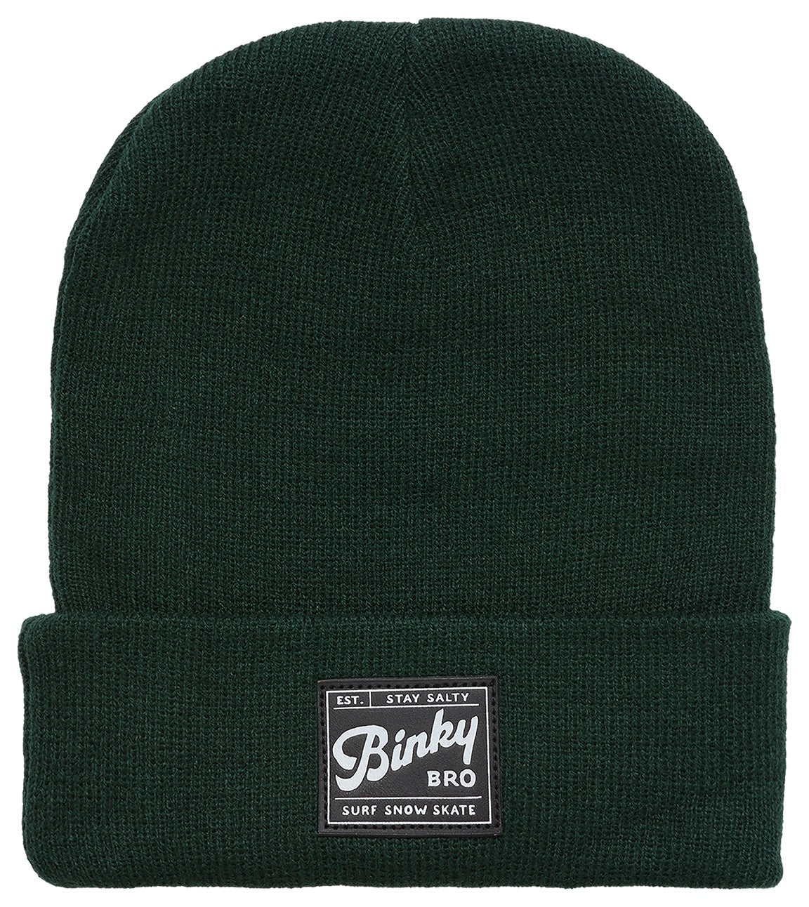 Dark green beanie hat with a folded cuff and BinkyBro logo patch, perfect for stylish winter wear.