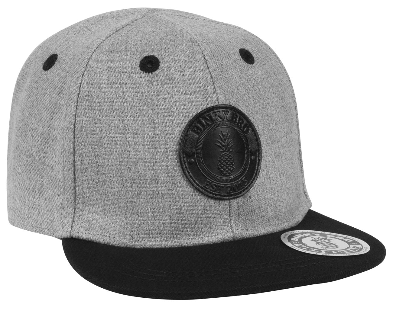 Stylish gray snapback hat with a black brim and a textured finish, featuring a pineapple logo patch. Perfect for kids.
