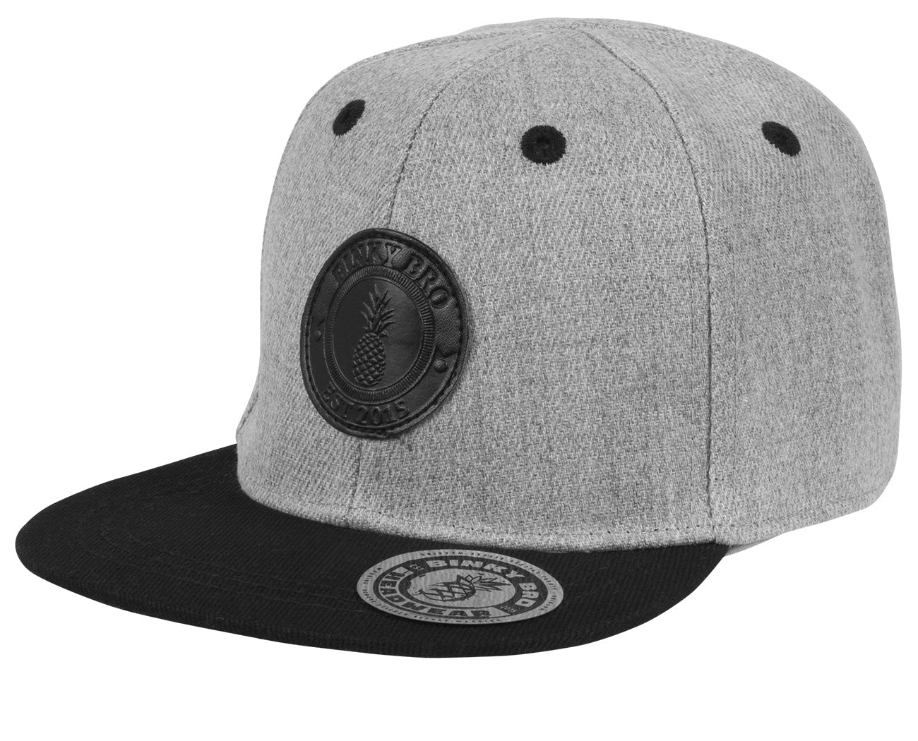 Stylish gray snapback hat with a black brim and pineapple logo, designed for infants and toddlers by BinkyBro.
