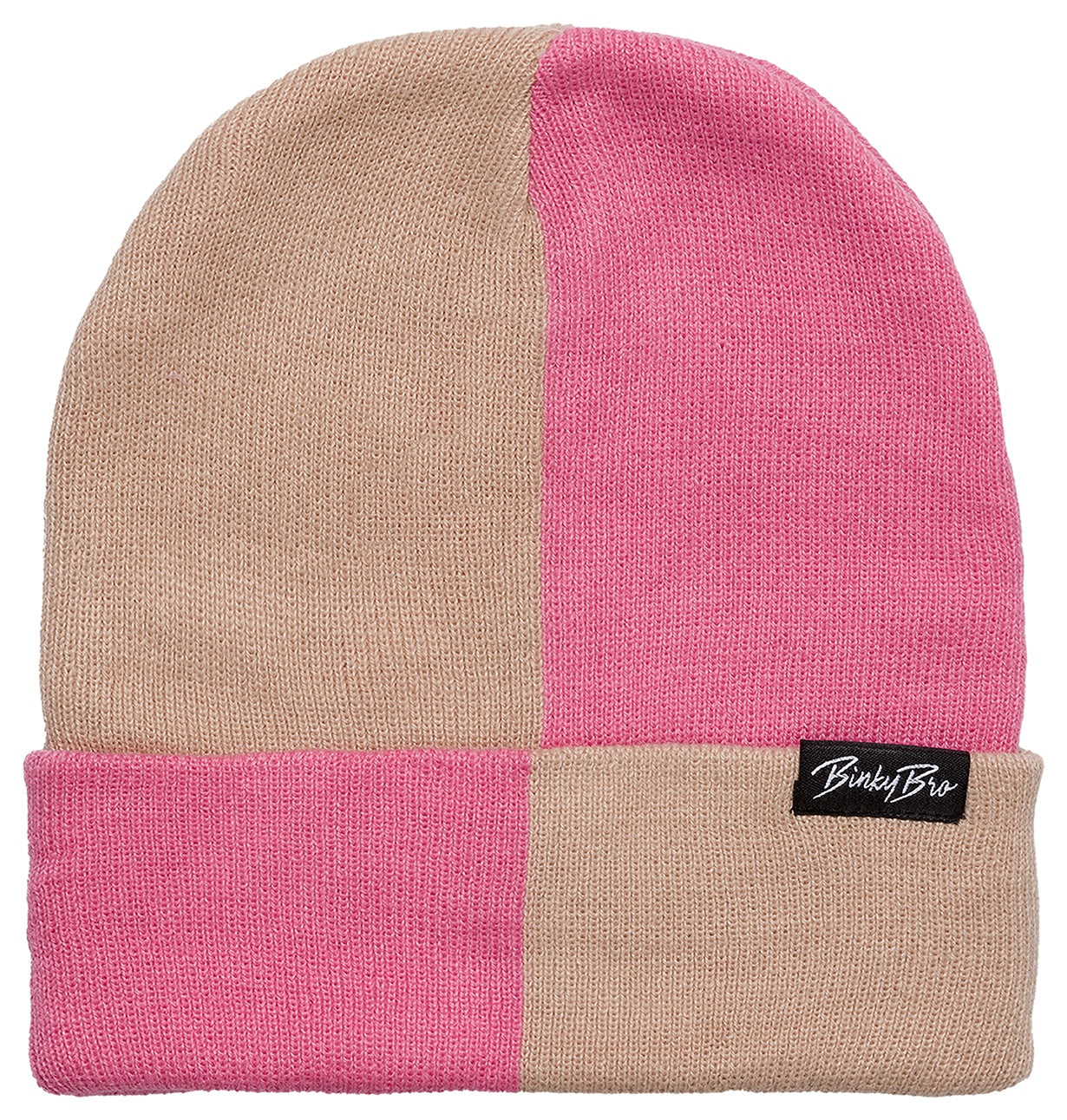 Stylish pink and beige block beanie for infants and toddlers, perfect for a trendy surf-snow-skate lifestyle.
