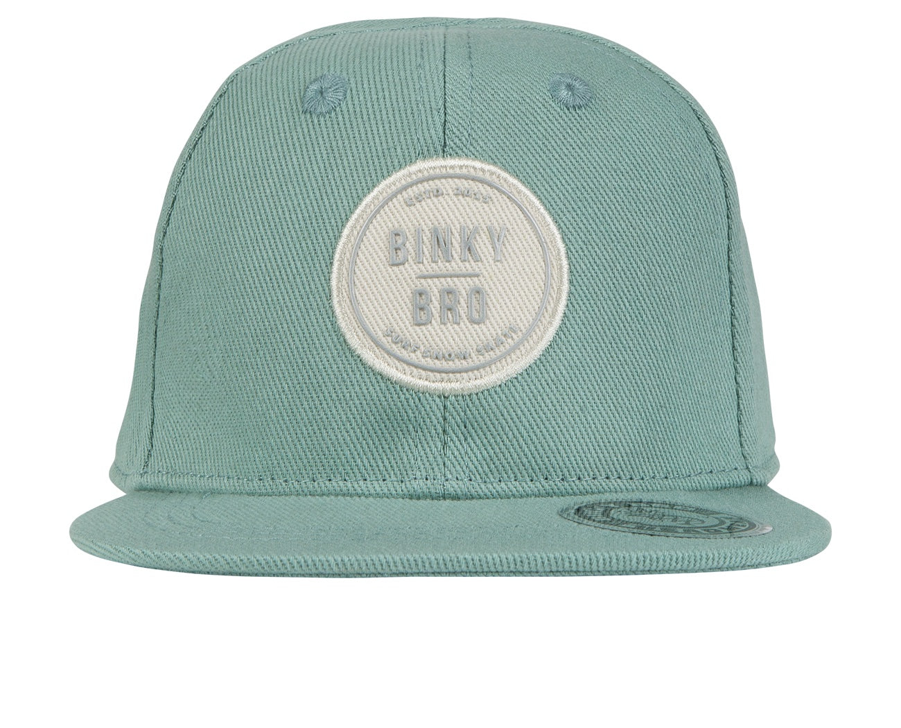 Stylish mint green snapback hat with a circular BinkyBro logo, perfect for infants and toddlers.