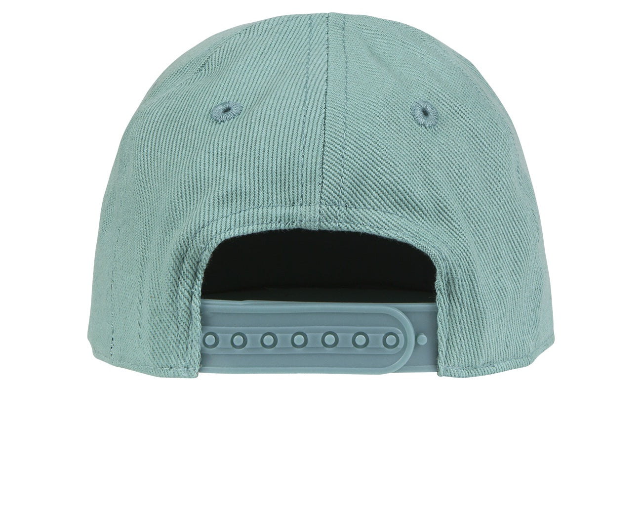 Back view of a light teal snapback hat featuring an adjustable strap, designed for infants and toddlers.