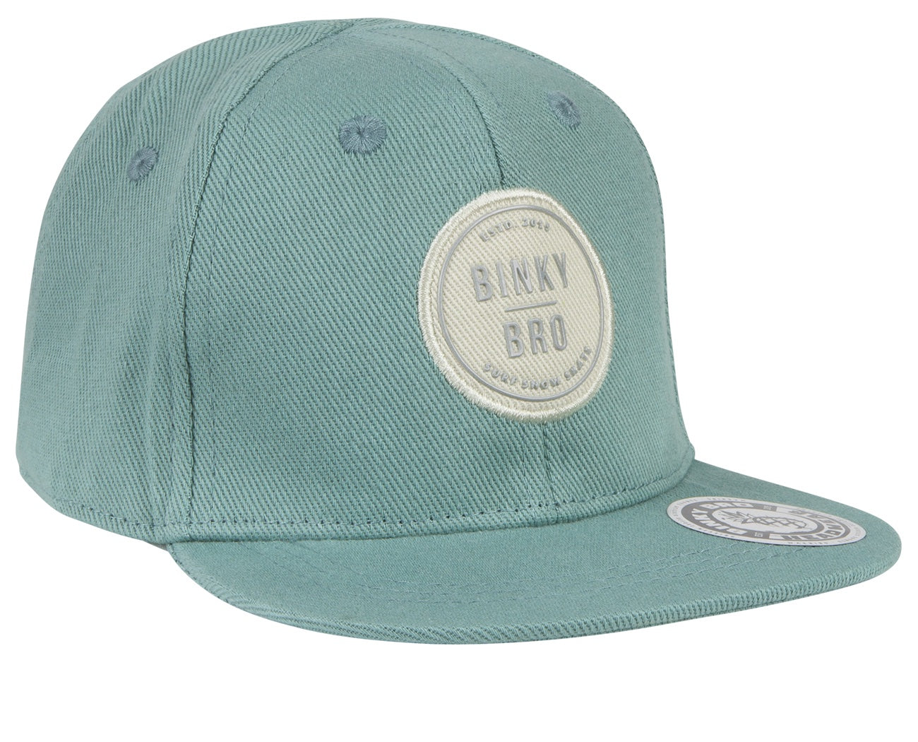 Stylish teal snapback cap with a circular logo patch, designed for infants and toddlers by BinkyBro.