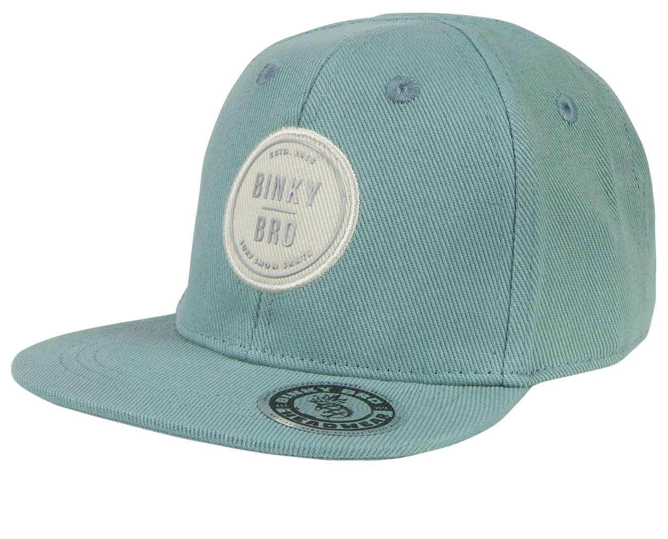 Stylish teal snapback cap with a round BinkyBro logo patch, designed for infants and toddlers. Perfect for outdoor adventures.