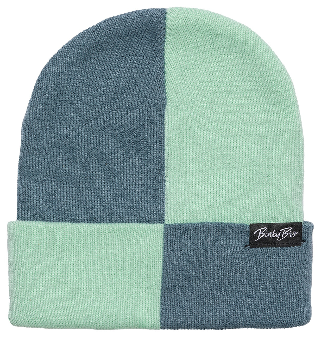 Teal and mint green beanie with a block design and a folded cuff, featuring the BinkyBro logo tag.