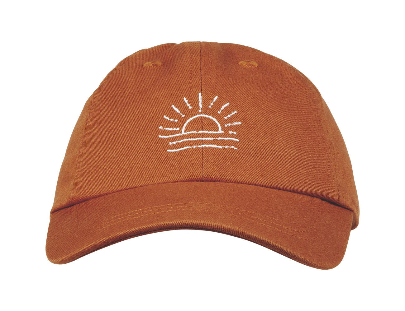 Rust-colored cap featuring a white embroidered sunrise design, perfect for kids embracing a surf-snow-skate lifestyle.