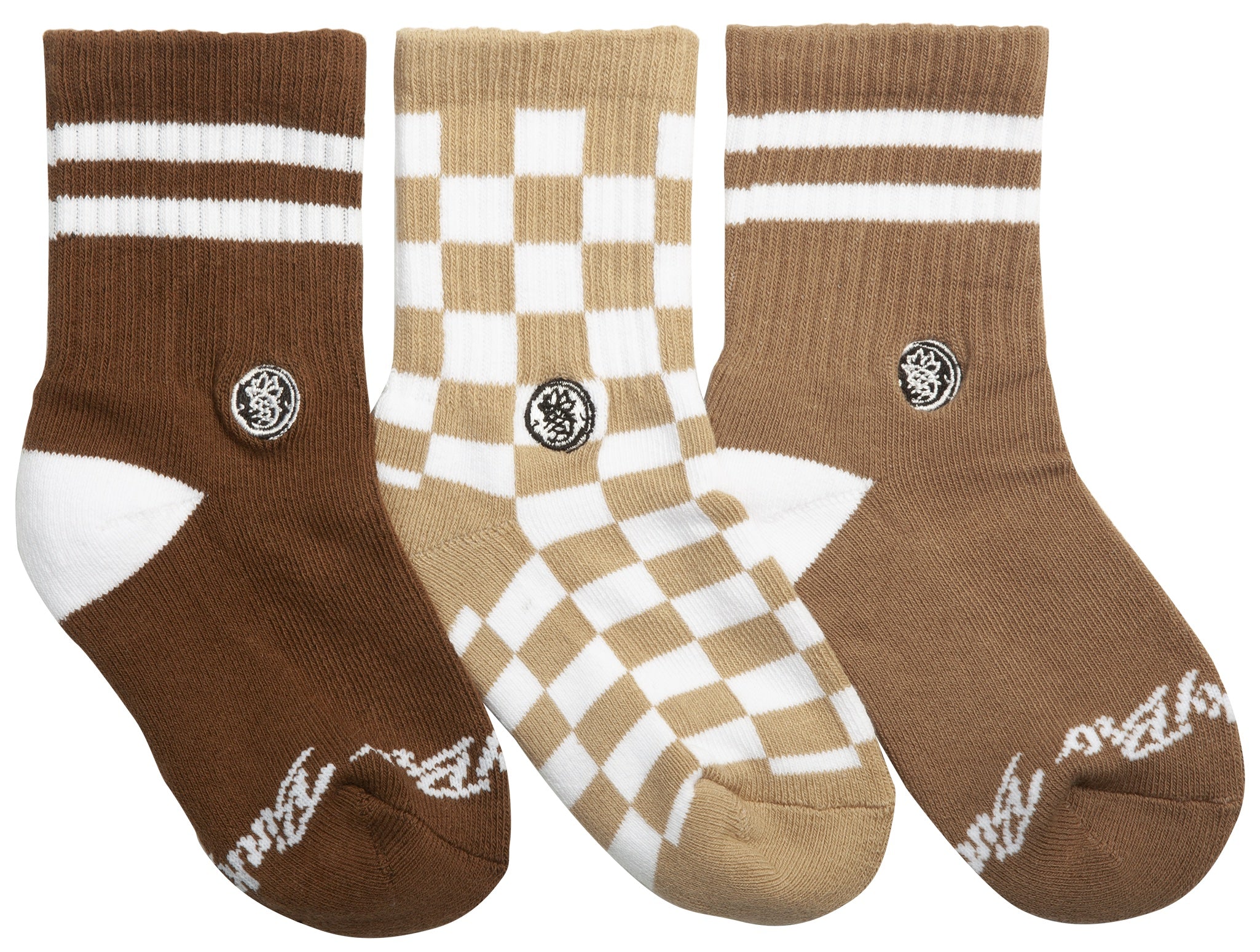 Three pairs of brown socks featuring a mix of solid brown, checkered patterns, and stripes, designed for stylish comfort.
