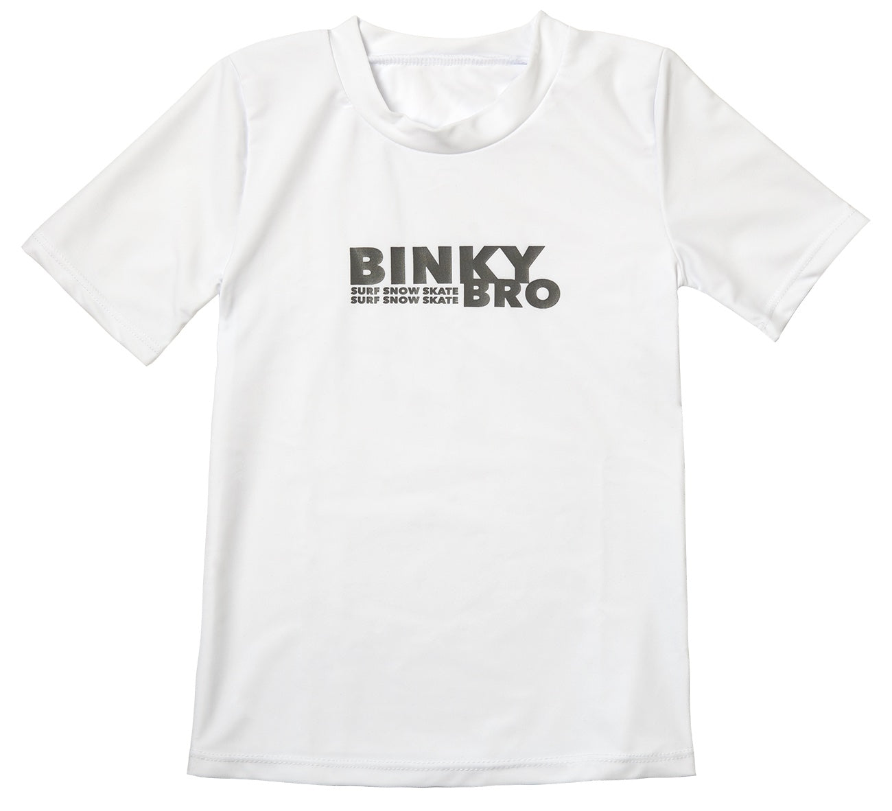 White short-sleeve shirt featuring the BinkyBro logo, designed for active infants and toddlers with a surf-snow-skate style.
