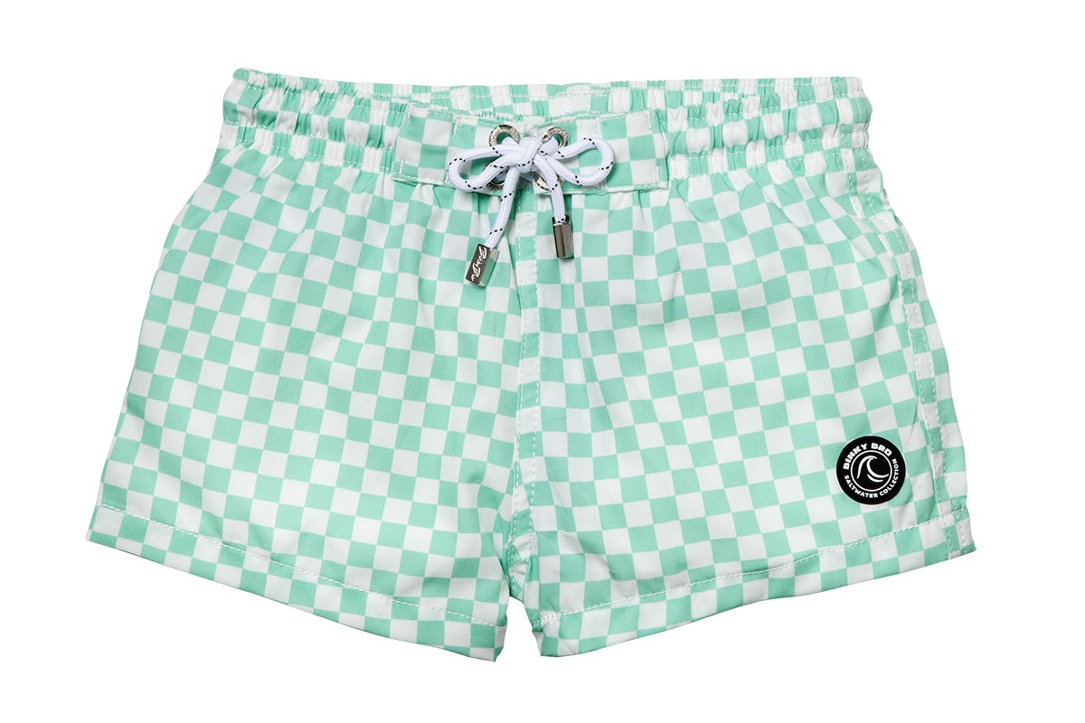 Mint green checkered swim shorts with an elastic waistband and drawstring, featuring a logo patch on the side.