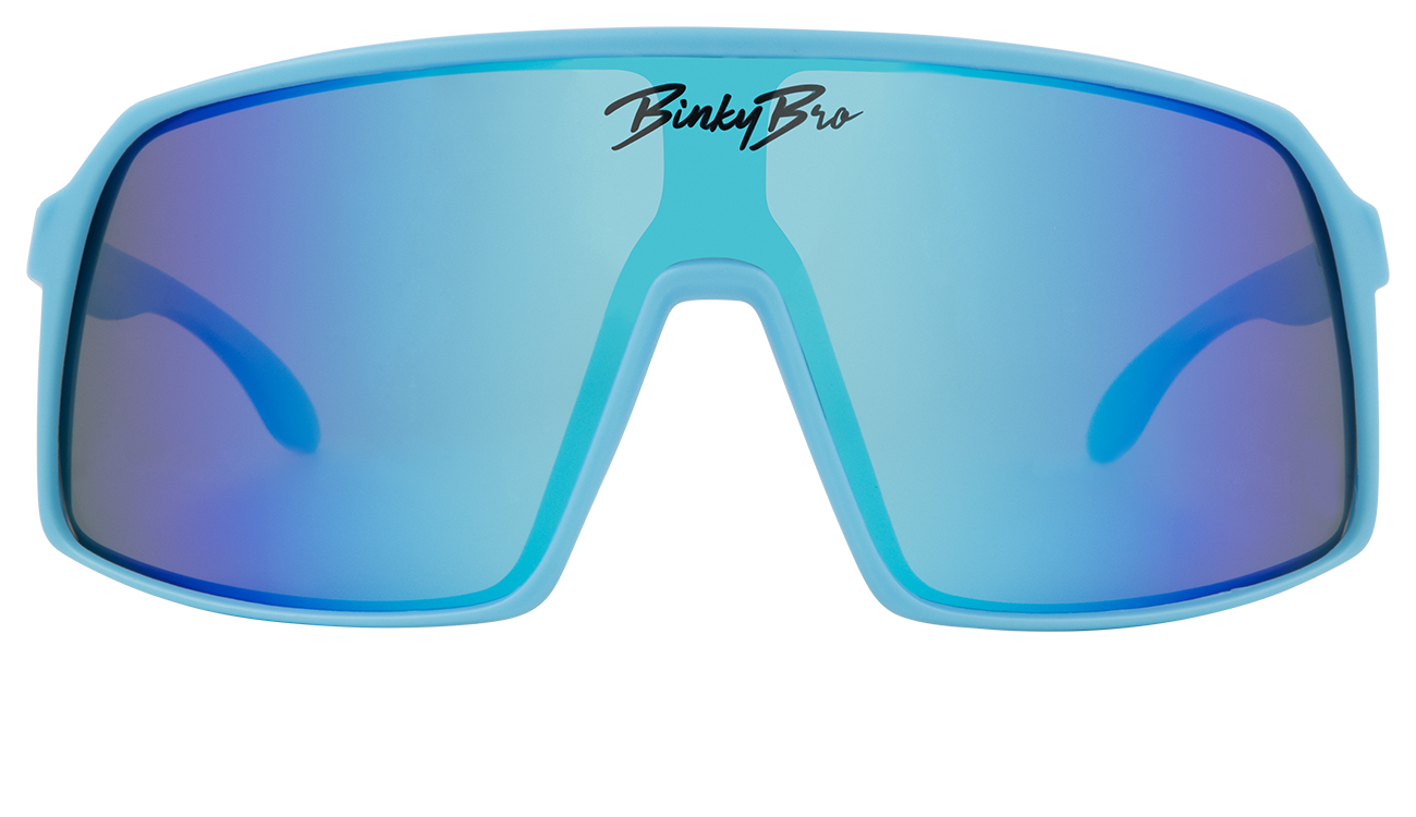 Stylish blue-tinted sunglasses with a large frame, designed for kids, featuring a sporty look and BinkyBro branding.