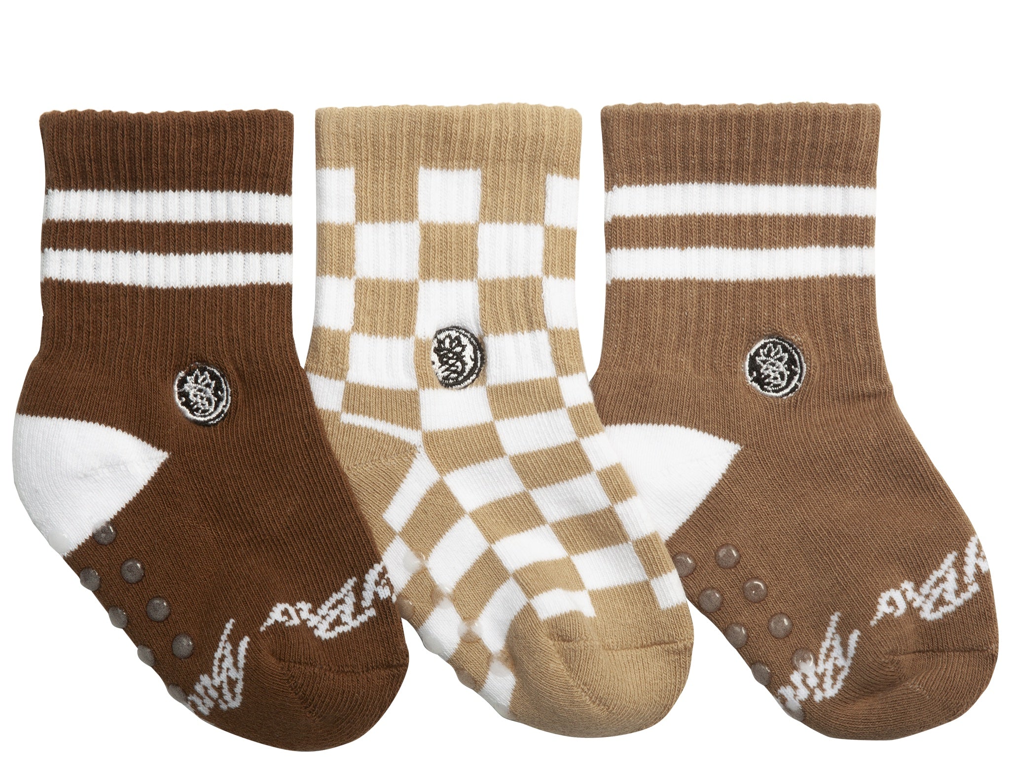Three pairs of toddler socks in brown tones featuring striped and checkered patterns, designed for comfort and style.