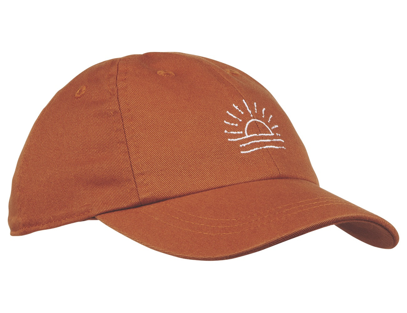 Rust-colored cap featuring an embroidered sunset design, perfect for stylish kids inspired by adventure and nature.