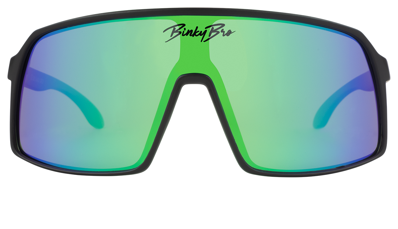 Stylish black sunglasses with green and blue mirrored lenses, designed for kids, featuring the BinkyBro logo.