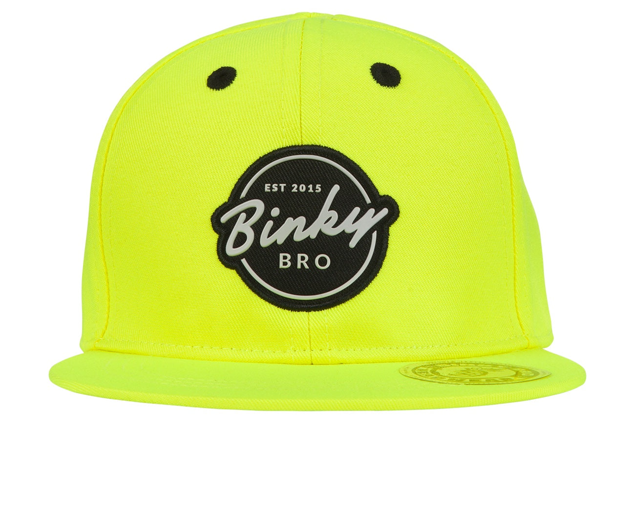 Bright yellow snapback hat featuring a circular BinkyBro logo, perfect for stylish infants and toddlers.