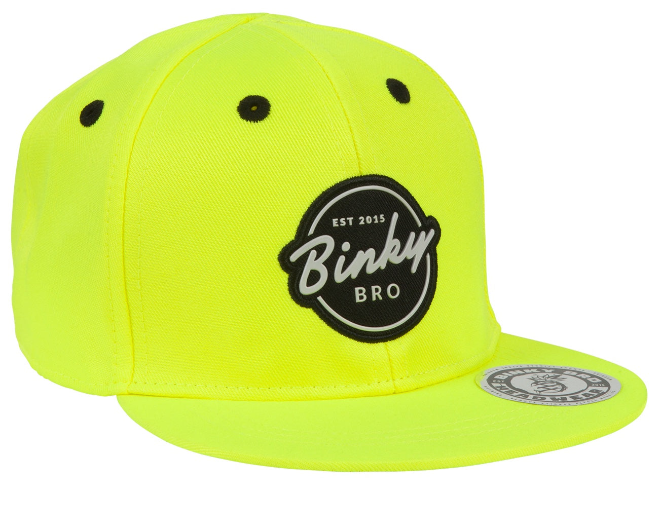 Bright neon yellow snapback hat featuring the BinkyBro logo, designed for infants and toddlers with a stylish surf-snow-skate vibe.