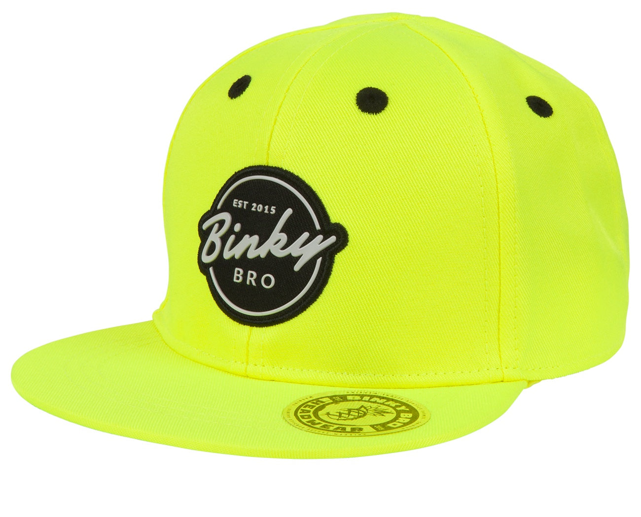 Bright yellow snapback hat with a black circular logo reading "Binky Bro" and "EST 2015" for stylish kids' apparel.