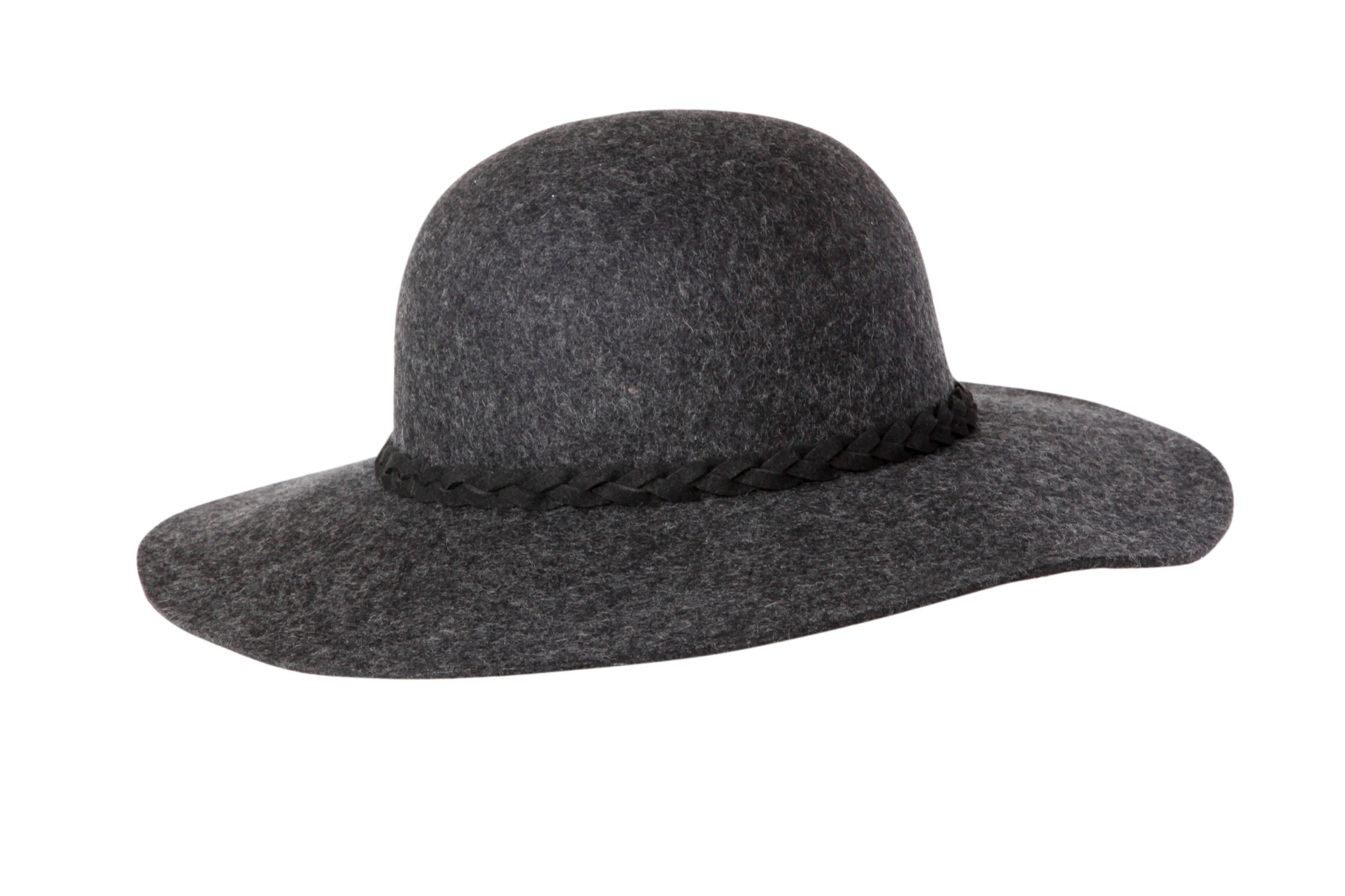 Stylish gray felt sun hat with a wide brim and braided band, perfect for infants and toddlers. Ideal for outdoor adventures.