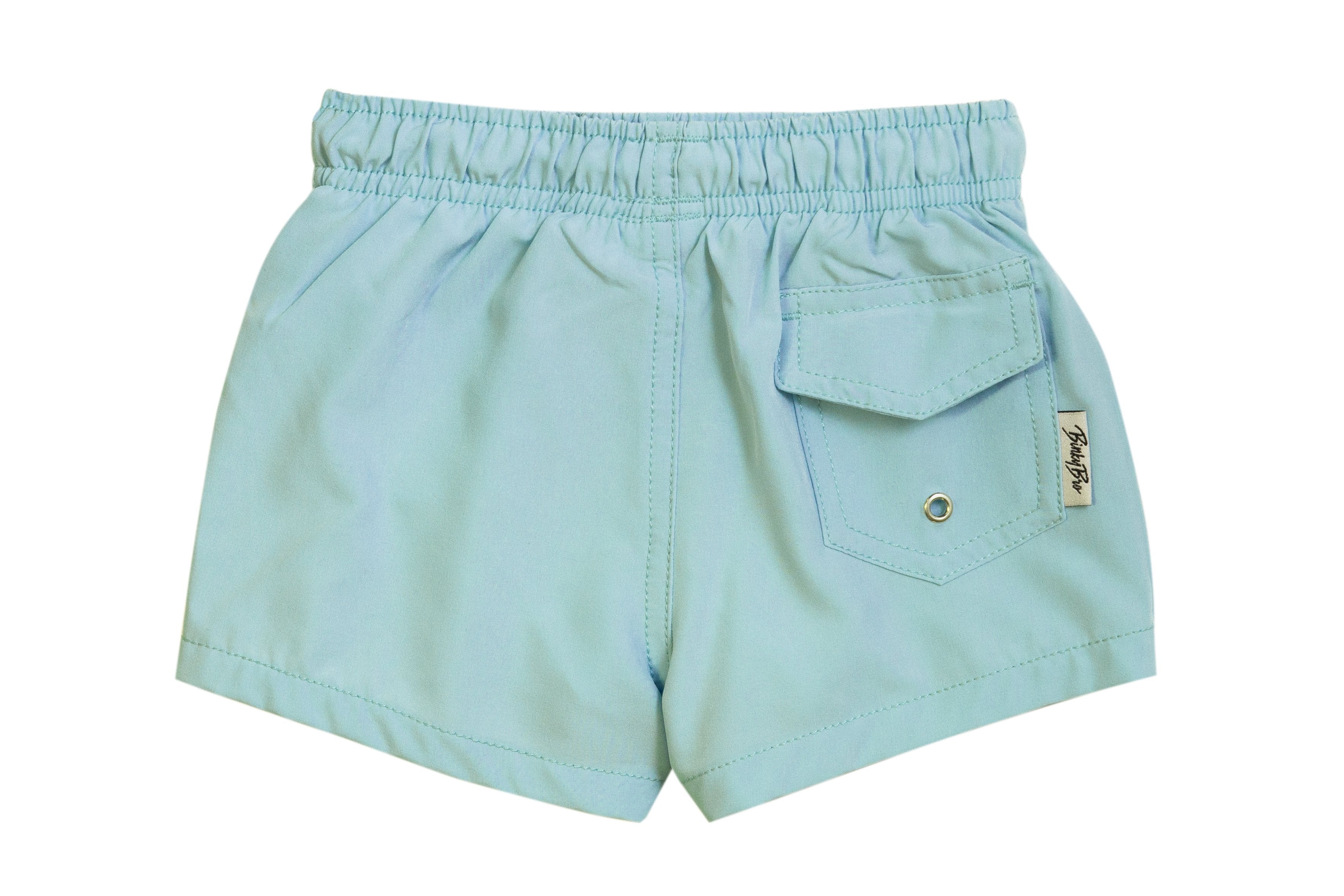 Light blue A-Frames Swimmie shorts with an elastic waistband and a back pocket, designed for stylish kids' swimwear.