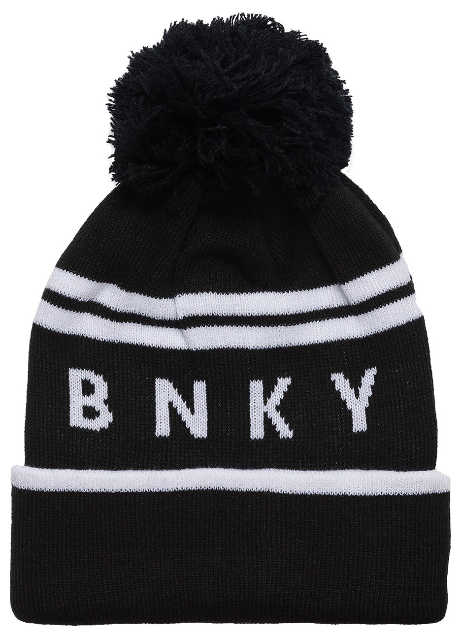 Black knit beanie with a pom pom on top and white stripes, featuring the letters "BNKY" prominently displayed.