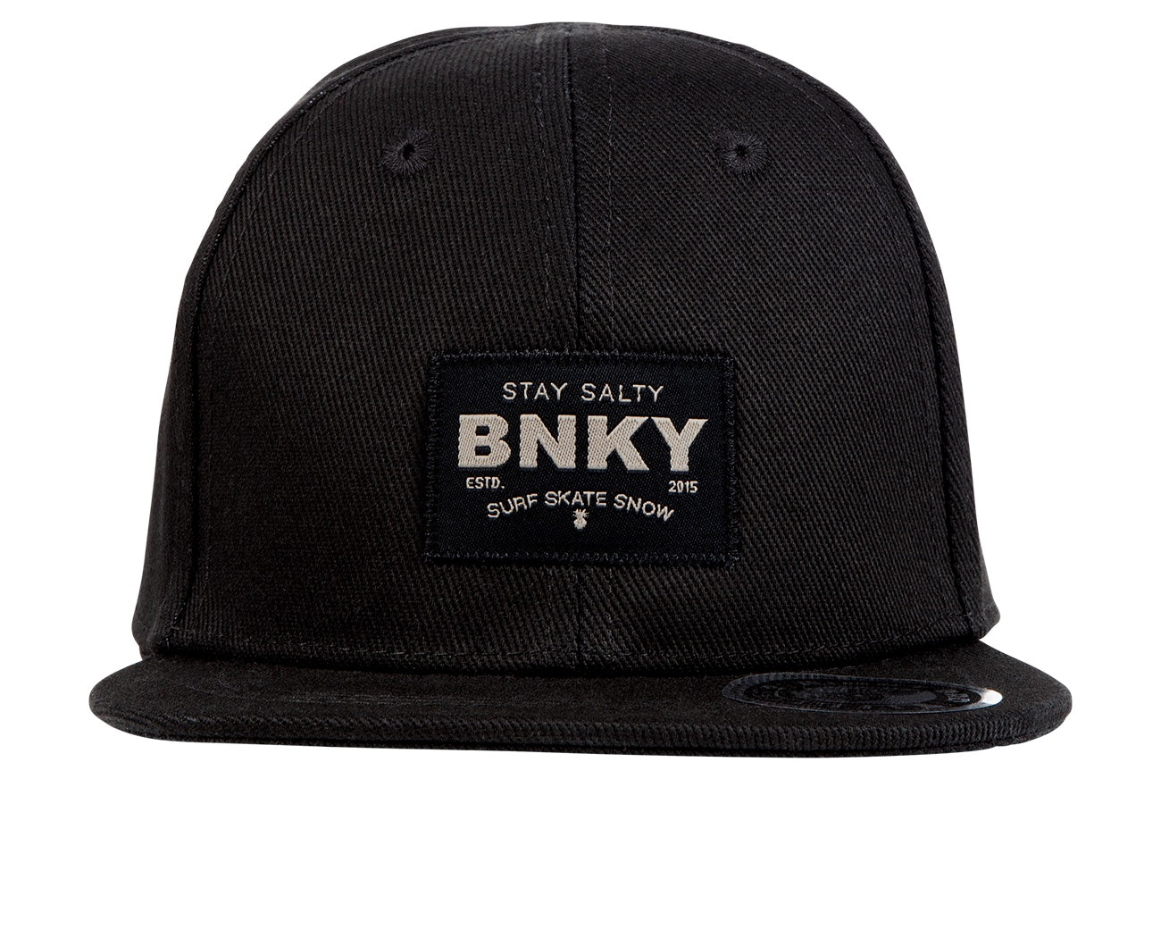 Black snapback hat featuring a "BNKY" patch with "Stay Salty" and "Surf Skate Snow" text, ideal for stylish youth wear.