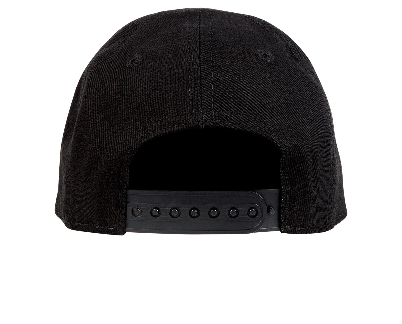 Back view of a black snapback hat featuring a smooth adjustable strap, designed for a stylish and comfortable fit.