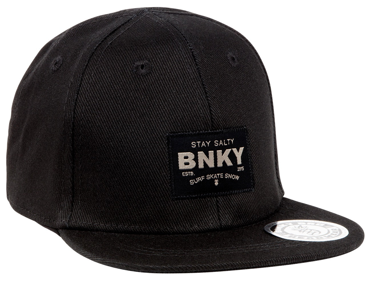 Black snapback hat with a "Stay Salty" patch and BNKY branding, designed for a stylish surf and skate lifestyle.