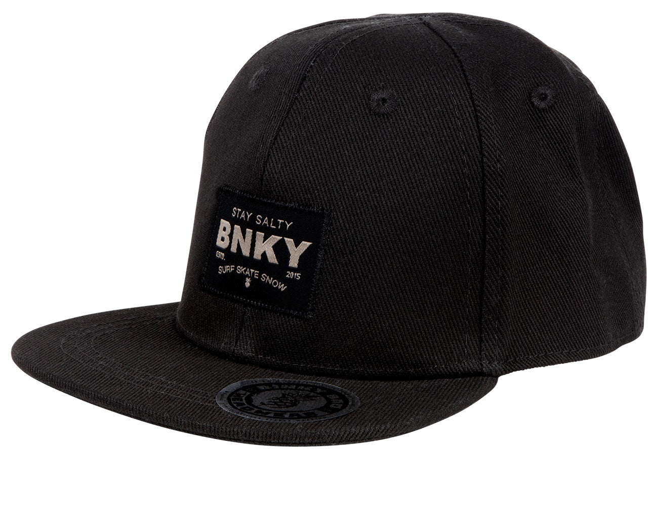 Stylish black snapback hat featuring a patch logo that reads "Stay Salty BNKY 215" for a surf-snow-skate lifestyle.