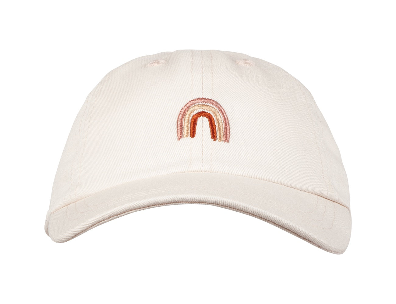 Light beige cap featuring a colorful rainbow embroidery, designed for stylish infants and toddlers.
