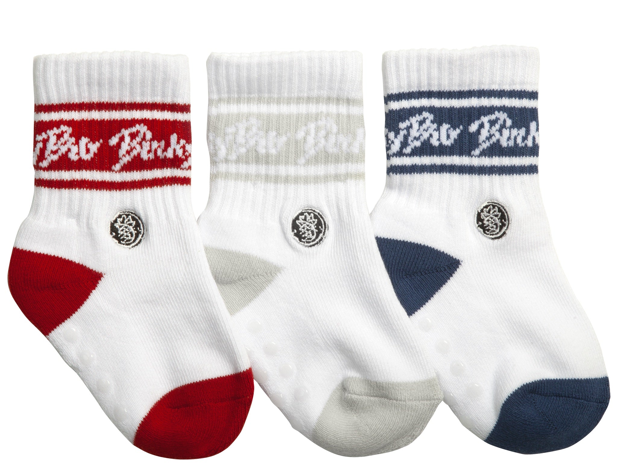 Three pairs of toddler socks in red, white, and blue, featuring BinkyBro branding and cushioned soles for comfort.