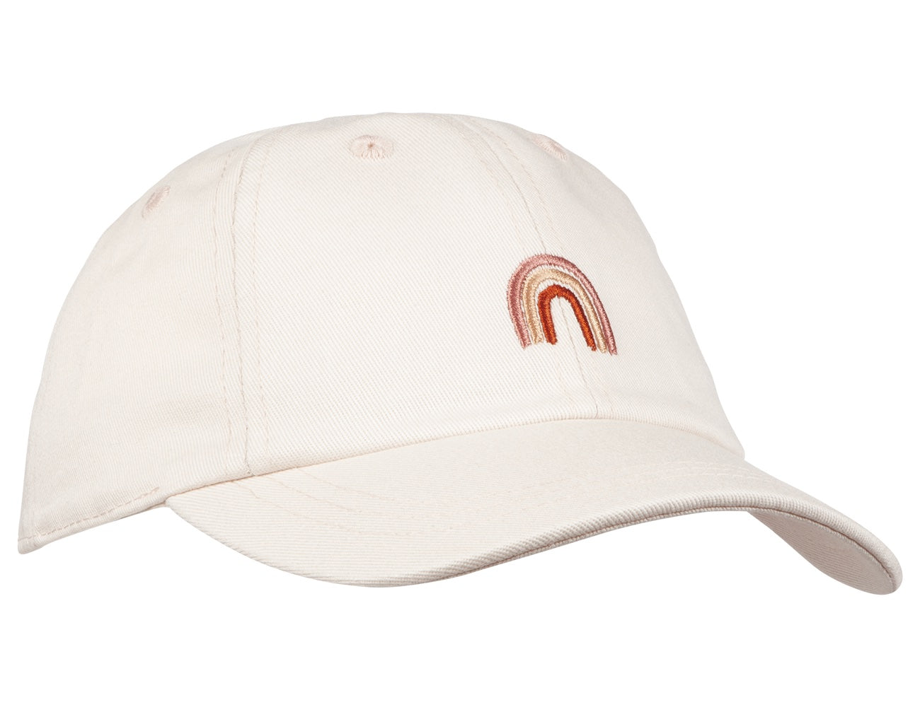 Light beige cap featuring a colorful embroidered rainbow design, perfect for stylish kids' outdoor adventures.