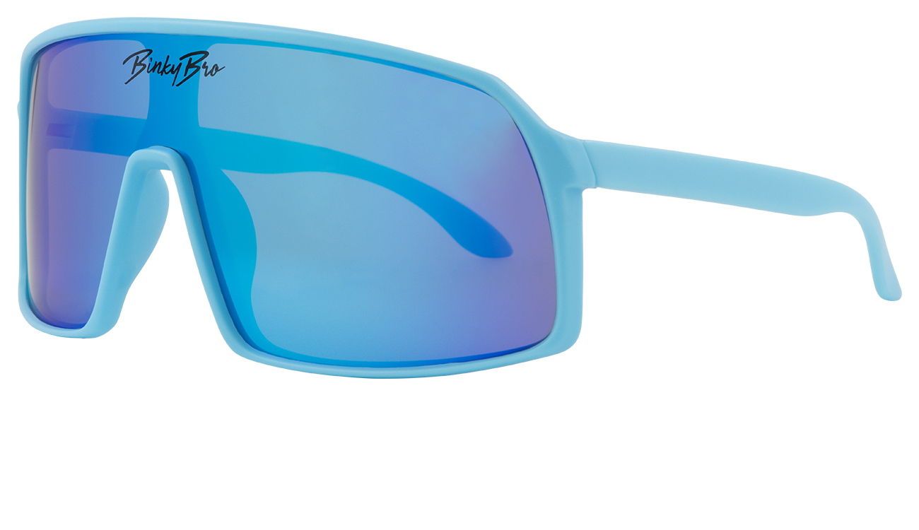 Stylish blue sunglasses with a large frame and gradient lenses, perfect for kids' outdoor adventures.