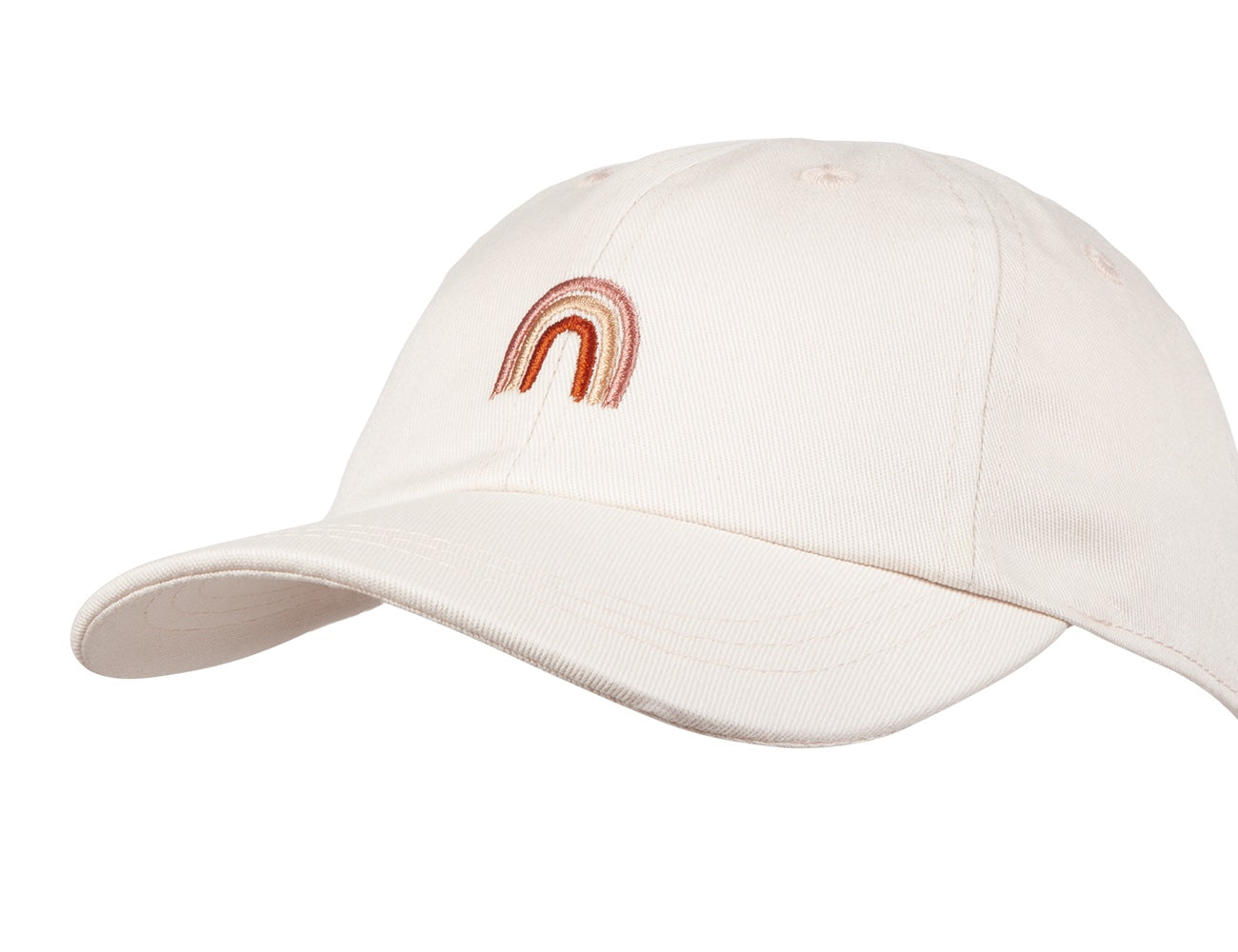 Stylish DelRay cap in soft beige featuring a colorful rainbow embroidery, perfect for kids' casual wear.