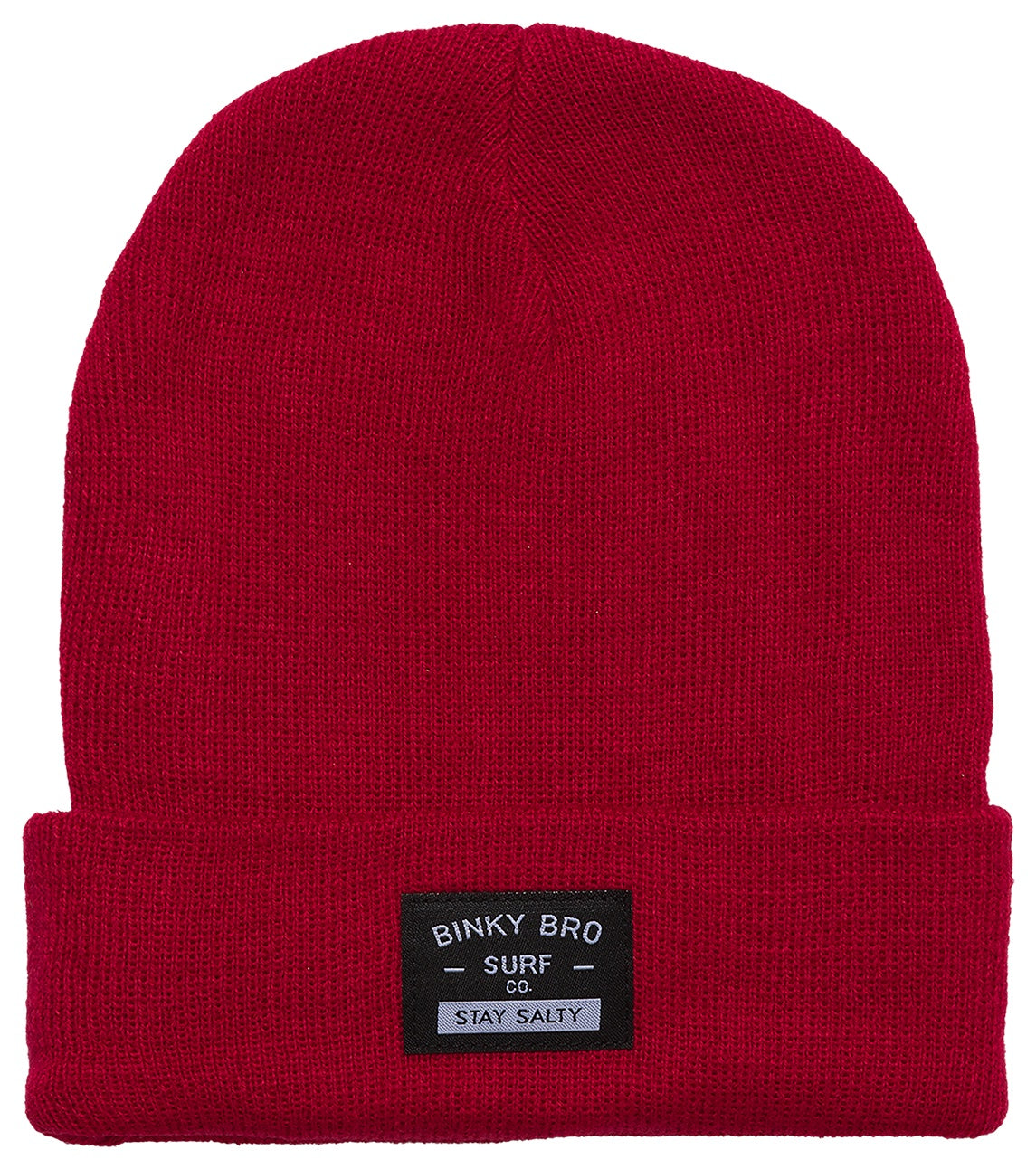 Red beanie hat with a folded cuff and a black label that reads "Binky Bro Surf Co. Stay Salty." Ideal for stylish kids.